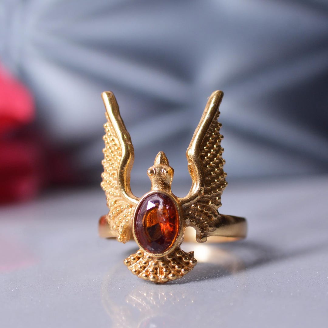 Phoenix Rising Ring Gold Phoenix Ring With Genuine Garnet – Fixed Size Gold Mythical Bird Ring ...