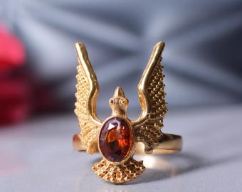 Phoenix Ring with Genuine Garnet – Fixed Size Gold Mythical Bird Ring for Strength & Rebirth"