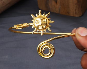 Brass Gold Sun Arm Cuff, Celestial Upper Arm Cuff, Handmade Wire Armlet, Boho Arm Bracelet, Sun Goddess Jewelry, Festival Gift