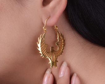 Gold Eagle Earrings, Phoenix Wings Hoop Earrings, Brass Bird Jewelry, Celestial Boho Hoops, Mythical Bird Dangle Earrings, Gift for Her