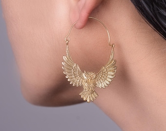 Brass Gold Owl Hoop Earrings, Boho Owl Earrings, Bird Hoop Earrings, Statement Gold Earrings, Celestial Owl Jewelry, Gift for Her