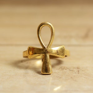Gold Ankh Ring – Egyptian Life Symbol Jewelry – Boho Spiritual Ring for Women – Non Adjustable Brass Ankh Ring – Janvi Jewelry
