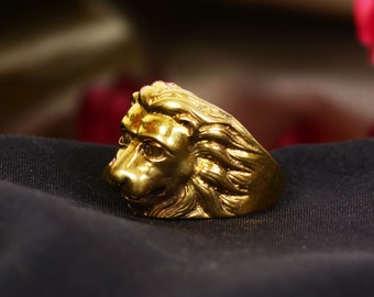 18k Gold Plated Lion Head Ring: Brass Signet Ring