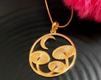 Moon & Mushroom Forest Bloom Pendant – Brass Nature Charm by Janvi Jewelry"
