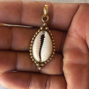 Gold Electroplated Cowrie Shell Pendant: Vintage Style Brass Jewelry