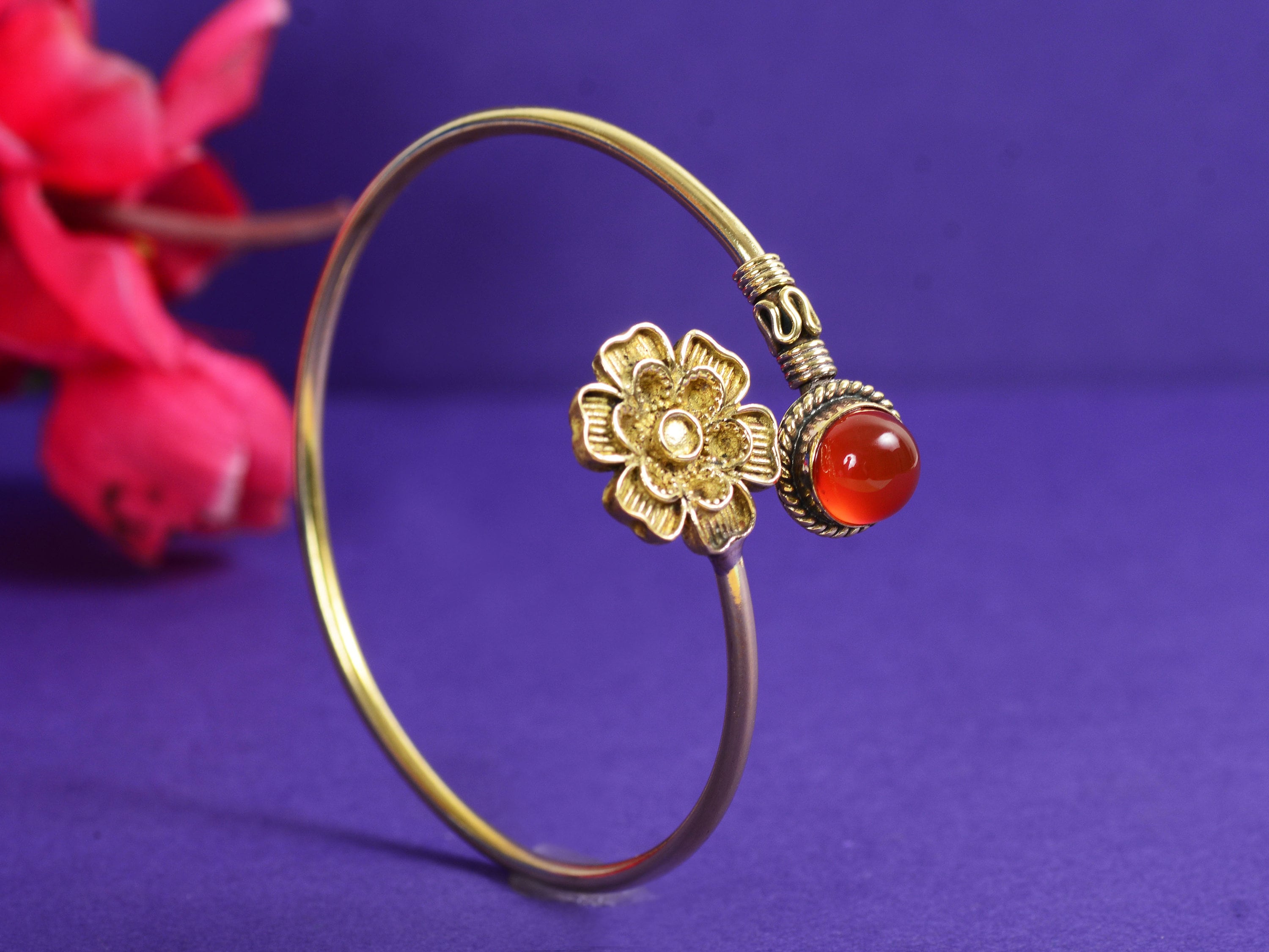 Carnelian Brass Cuff Bangle, Brass Gemstone Cuff, Skinny