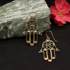 Hand of Hamsa Gold Dangle Earrings – Spiritual Protection Jewelry, Boho Statement Earrings"