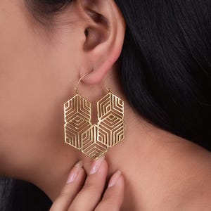Hexagon Earrings Hoop, Geometric Earrings, Brass Earrings, Polygon Earrings Gold, Statement Earrings, Minimalist Earrings, Everyday Earrings