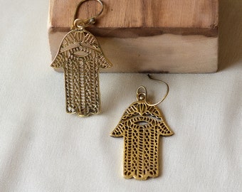 Gold Hamsa Hand Earrings, Evil Eye Protection Jewelry, Hand of Fatima Dangle Earrings, Boho Spiritual Statement Earrings, Gift for Her