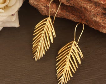 Brass Gold Leaf Earrings, Nature Inspired Dangle Earrings, Boho Long Earrings, Minimalist Statement Jewelry, Lightweight Earrings,