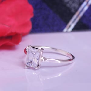 Sterling Silver Emerald Cut Zircon Ring: Geometric Minimalist Band