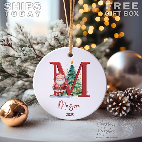 Personalized Initial Christmas Ornament – Letter Monogram Santa Ornament 2026 – Custom Family Name Keepsake Gift