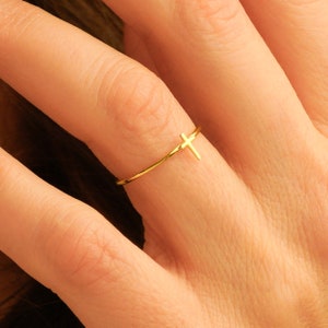 Gold Cross Ring and Dainty Thin Stackable Engagement Rings, Christian Handmade Jewelry Promise Pinky Ring Gift