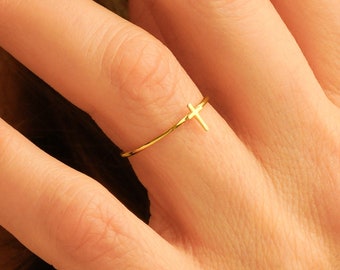 Gold Cross Ring and Dainty Thin Stackable Engagement Rings, Christian Handmade Jewelry Promise Pinky Ring Gift