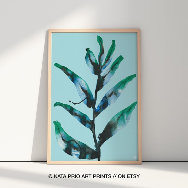 Plant watercolor painting, vibrant greenish turquoise nature eclectic wall art, enhances the home with beauty & atmosphere. Artist handmade