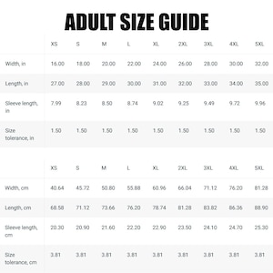 May include: A size guide for adults, displaying measurements in inches and centimetres. The chart details width, length, and sleeve length for sizes XS to 5XL. The text "ADULT SIZE GUIDE" is at the top.