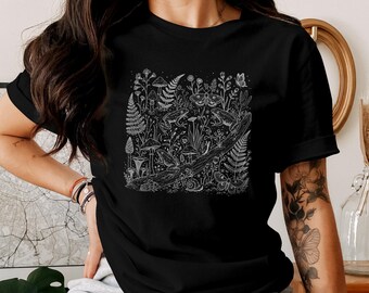 Camiseta retro con estampado botánico de bosque estilo cottagecore goblincore - Camiseta de ranas y setas, top de naturaleza con estética vintage, estilo dark academia, camiseta para amantes de las ranas