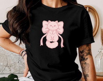 Catquette Bow T-Shirt – Coquette Cat Tee for Cat Lovers, Cottagecore & Coquette Fashion, Cat Lover Gift, Y2K Aesthetic Tee