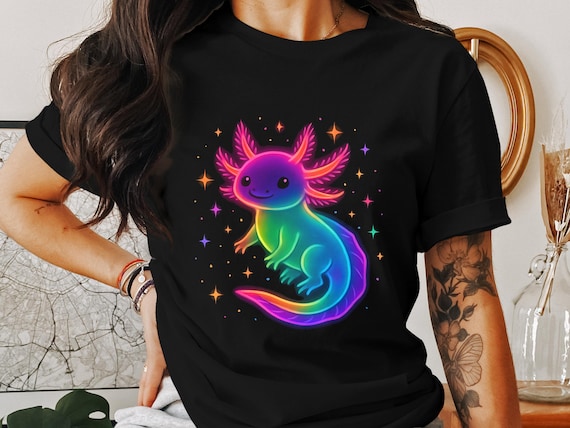 Cosmic Neon Axolotl T-Shirt – Magical Psychedelic Glowing Amphibian Tee Kids Shirt, Gift For Son, Gift For Daughter, Gift For Wife.