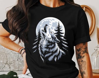 Howling Wolf Shirt – Moonlight Forest Nature Tee, Majestic Wildlife Graphic, Rustic Outdoor Woodland Scene