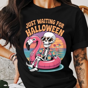 Just Waiting for Halloween Skeleton Flamingo Float Shirt - Unisex Softstyle Funny Halloween T-Shirt, Summerween Tee