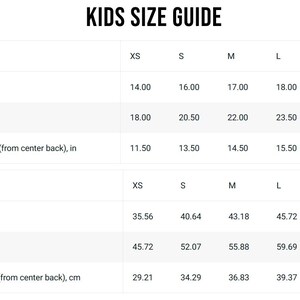 May include: A white chart titled "KIDS SIZE GUIDE" with measurements in inches and centimetres. The chart includes width, length, and sleeve length measurements for sizes XS to XL. Width ranges from 35.56 cm to 48.26 cm.