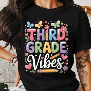Third Grade Vibes Teacher Shirt – Cute Kawaii Back to School T-Shirt for Women, Colorful Teacher Tee, Teacher Gift.