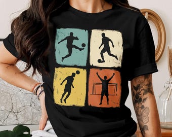 Camiseta de jugador de fútbol vintage: camiseta retro de futbolista, camiseta con gráfico desgastado de fútbol, regalo para fanáticos del deporte, silueta clásica de fútbol.