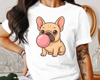 Französische Bulldogge Bubblegum Shirt - Süßes Frenchie Cartoon T-Shirt, trendiges Hundeliebhaber Geschenk, Kawaii Pink Bubble Graphic T-Shirt