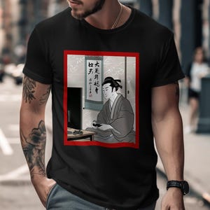 Sumi-e Samurai Playing Video Games T-Shirt  - Unisex Softstyle Funny Samurai Gaming T-Shirt