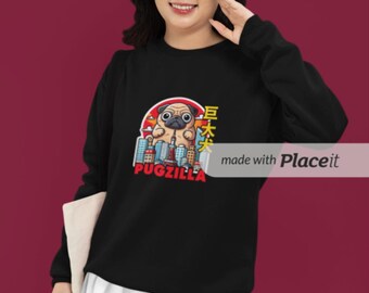 Pugzilla - Unisex Funny Godzilla Themed Japanese Kaiju For Him And For Her Sweatshirt