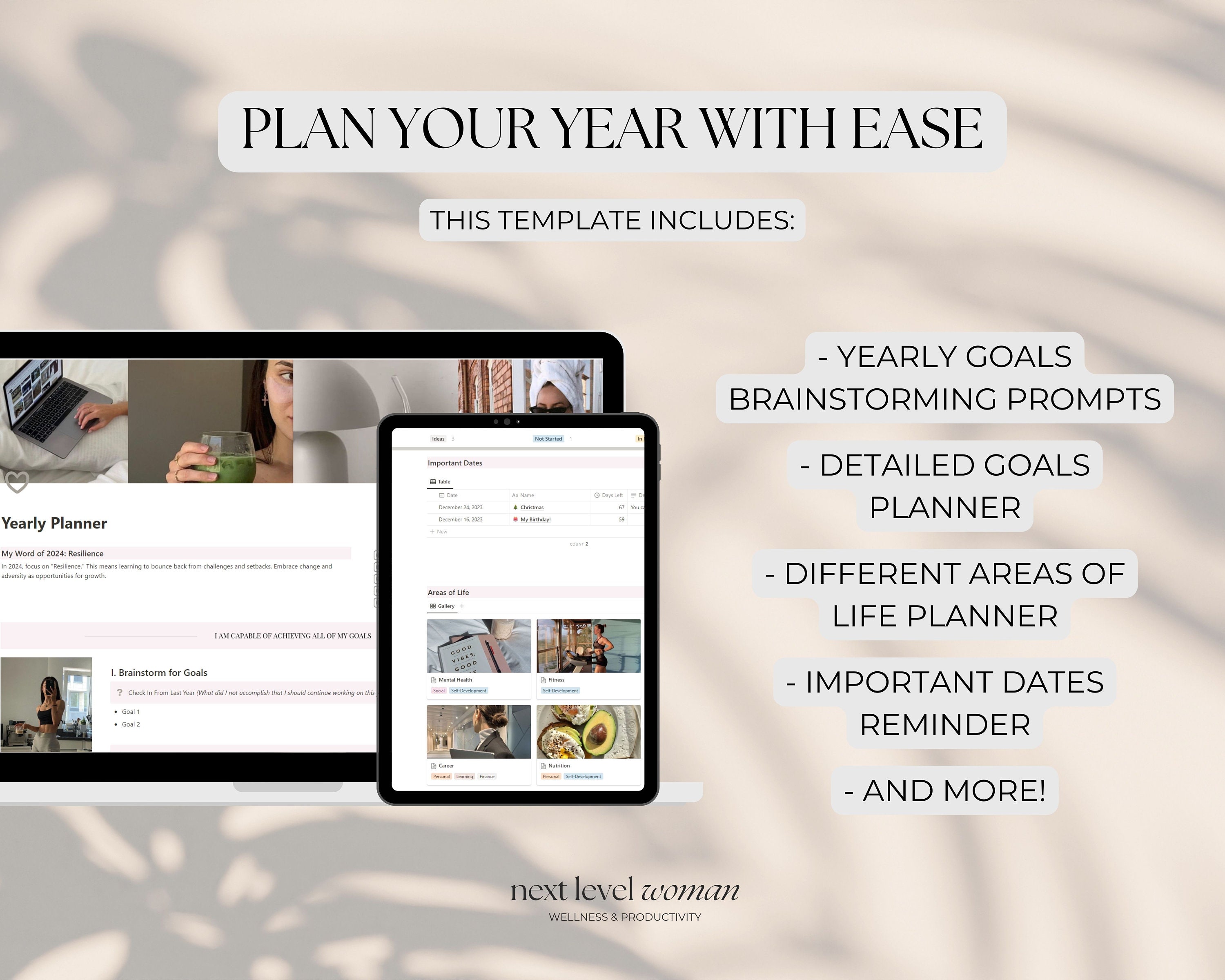 Notion Yearly Planner Template, Simple Notion Dashboard, 2023/2024