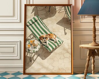 May include: A framed print of a dog wearing sunglasses and lying on a green and white striped lounge chair. The dog is on a patio with a small table and drinks. The print is in a gold frame.