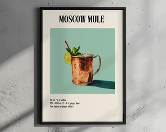May include: A printable poster with a vintage aesthetic featuring a Moscow Mule cocktail recipe. The poster has a copper mug filled with ice, a lime wedge, and a sprig of mint. The text reads "Moscow Mule" and includes the ingredients: 50 ml / 2 oz vodka, 150-200 ml / 5-6 oz ginger beer, and few dashes of ginger bitters.