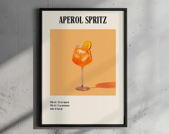 Póster de cóctel Aperol Spritz, impresión de póster retro, impresión estética, arte de pared imprimible, impresión de barra, ilustración de cóctel, descarga digital