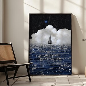 Clouds At Sea - Retro Futuristic Collage Print,Printable Wall Art, Moon Print, Wall Paper Print, Cool Poster, Digital Download