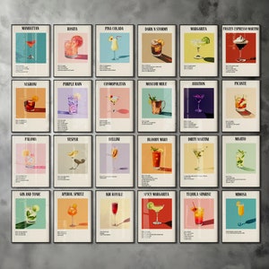 Conjunto de impresiones de pared de 24, impresiones de cócteles retro, arte de pared de cócteles, arte de pared minimalista retro, impresiones de carritos de bar, impresiones digitales, arte de pared de moda