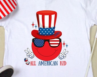 All American Kid Youth Comfort Colors T-Shirt, 4. Juli Jugendshirt, American Retro Kids Tee Memorial Day T-Shirt, Smiley Face Checkered