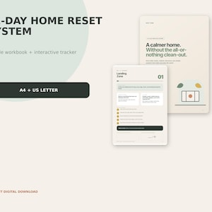 Puede incluir: Un sistema de reinicio del hogar de 21 días, libro de trabajo rellenable y rastreador interactivo. El documento tiene un fondo crema con texto oscuro, incluyendo el título, tamaño A4 + US Letter y una página de Landing Zone con lista.