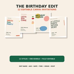 Op de afbeelding: Een digitaal pakket van 12 bewerkbare verjaardagsuitnodigingssjablonen met de tekst THE BIRTHDAY EDIT 12 EDITABLE CANVA INVITATIONS. De ontwerpen bevatten diverse lay-outs met tekstvelden voor naam, leeftijd, datum, tijd, locatie en RSVP.