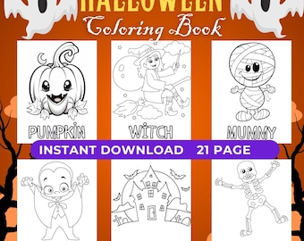 Halloween kleurboek, 21 Halloween kleurplaten, afdrukbaar kleurboek voor kinderen, peuters feestspellen verjaardag gunst