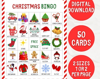 May include: A printable Christmas Bingo card with 50 cards, 2 sizes, 1 or 2 per page. The card features images of Christmas-themed items such as a truck with a tree, a gift, a Christmas tree, a cupcake, candy canes, hot chocolate, Santa, a stocking, stars, an elf hat, a wreath, a gingerbread man, a sleigh, a penguin, a snowman, a sweater, a reindeer, a snowflake, and a glove.