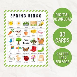 May include: A printable spring bingo card with 30 different cards, 2 sizes, 1 or 2 per page. The card features images of spring-themed items like a bee, a chick, a butterfly, a garden, and a picnic basket.