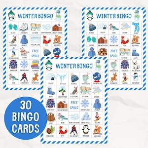 May include: Three Winter Bingo game cards with a blue and white border. Each card features winter-themed illustrations like gloves, snowmen, and ice skates. The words "Winter Bingo" are at the top of each card. A blue circle displays "30 Bingo Cards".