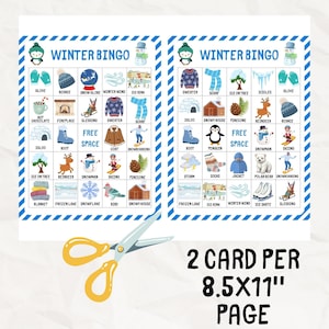 May include: Two Winter Bingo game cards with winter-themed illustrations and text. The cards feature images of winter clothing, activities, and weather. The text at the bottom reads "2 CARD PER 8.5X11" PAGE". A pair of yellow scissors is in the foreground.