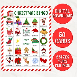 Bingo de Noël, 50 cartes de bingo de Noël, Activité de Noël, Bingo de Noël pour enfants, Jeu de Noël, Activité en classe de Noël, Imprimable