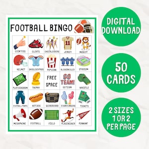 Voetbalbingo, 50 voetbalbingokaarten, voetbalactiviteit, afdrukbaar voetbalbingospel voor kinderen, voetbalfeestspel, American Football