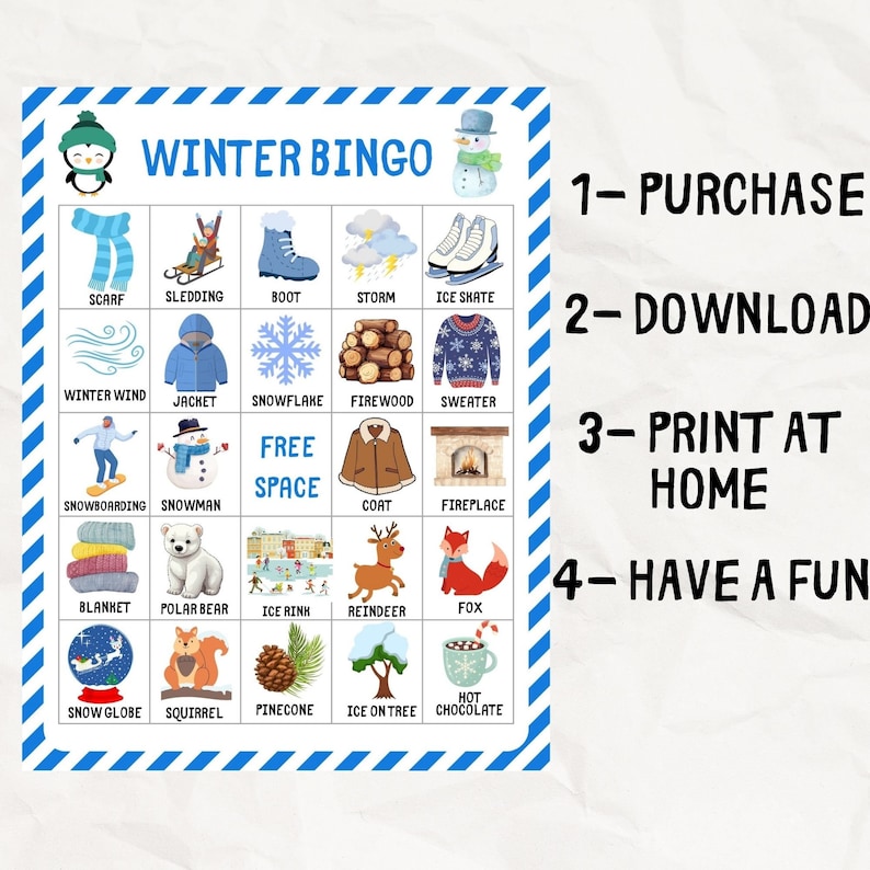 May include: A Winter Bingo game board with a blue and white striped border. The board features winter-themed illustrations and words like "scarf," "snowman," and "ice skate." Instructions are listed on the right side.