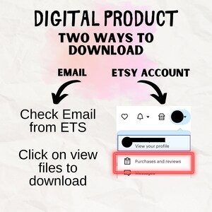 May include: Image showing instructions for downloading a digital product. Text reads "DIGITAL PRODUCT TWO WAYS TO DOWNLOAD." Instructions include checking email from ETS or clicking on "Purchases and reviews" in the Etsy account.