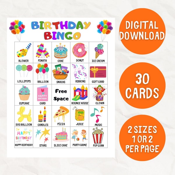 Birthday Bingo, 30 Birthday Bingo Game, Kids Birthday Game, Happy Birthday Bingo Game, Kids Birthday Party Game, Printable Birthday Bingo